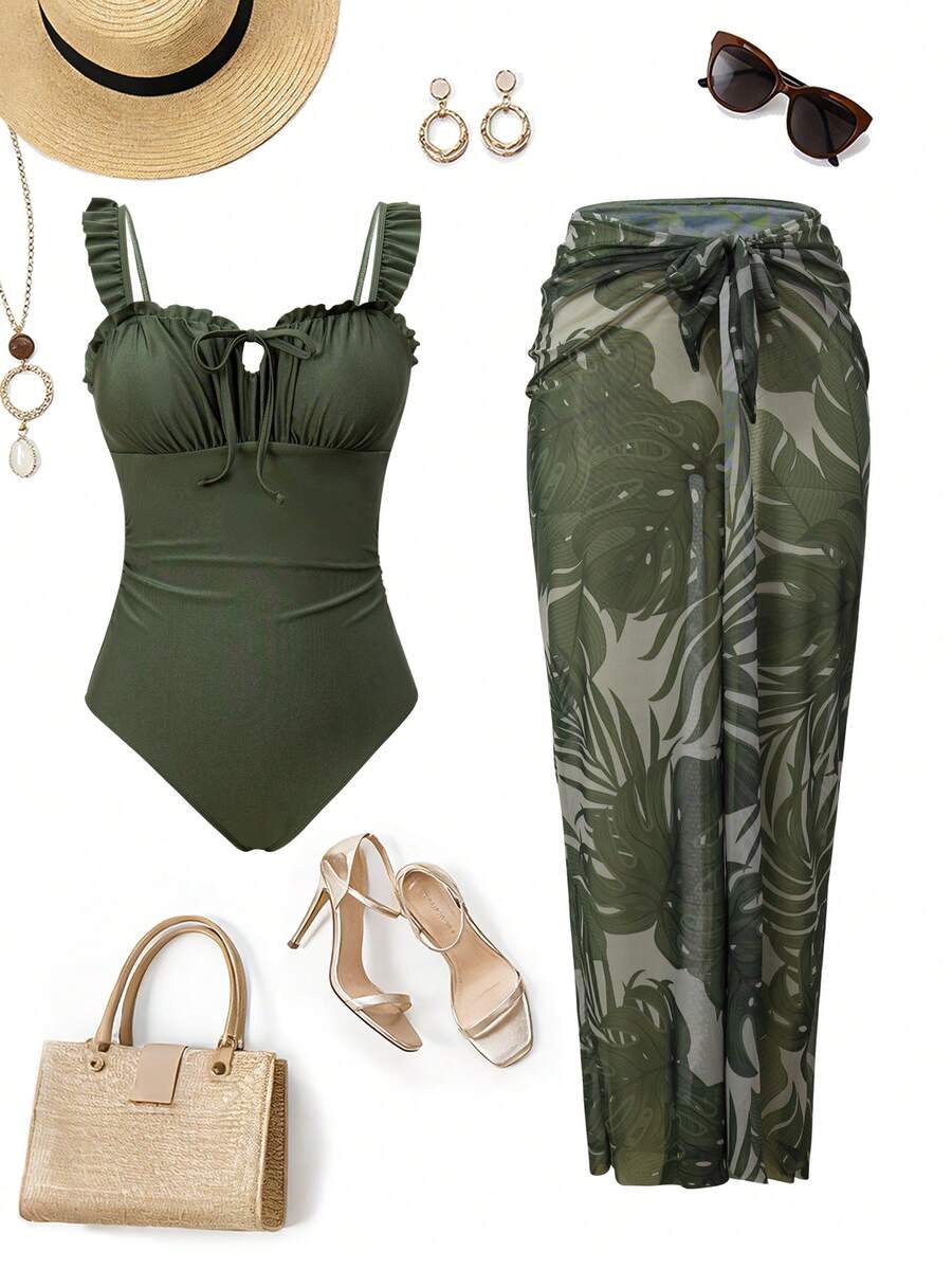 Swim Oasis 春夏热销沙滩度假风露背花卉饰边吊带衫，领口系带花卉饰边，褶皱上身+植物印花网纱裙两件套 - 彩色 - 查看 1