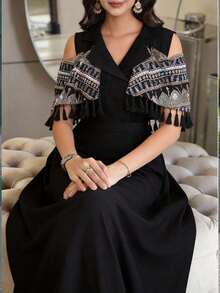 Al Najma Chal con flecos bordados turcos y vestido maxi tradicional árabe para mujer - Negro - Ver 2