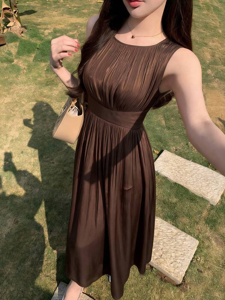 Elegant Sleeveless Brown Midi Dress, Fashionable For Parties, Weddings, Banquets, Spring & Summer Business Casual Woman Sundress