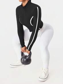 SHEIN Sports 黑色拉链运动套装，柔软舒适，修身剪裁，适合健身、跑步、休闲、瑜伽等场合。 - 黑色 - 查看 7