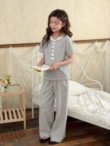 DAZY Tween Girl Striped Print Crew Neck Short Sleeve Top And Pants Pajama Set Summer - Multicolor - View 3