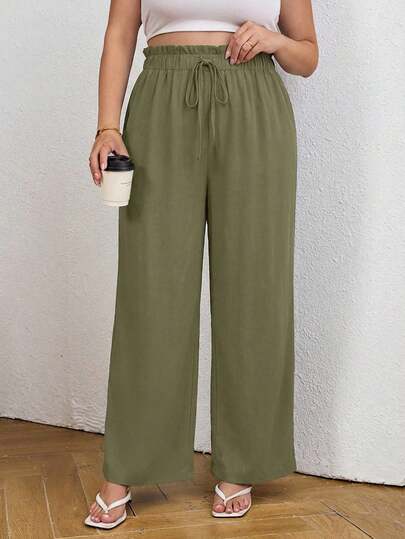 EURMUSE Plus Size Solid Color Paper Bag Waist Tie Casual Pants