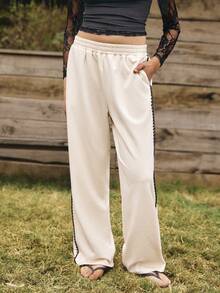 SHEIN Unity Pantalones rectos casuales de mujer con bolsillos, conjunto de pantalones rectos con cintura de cordón y bolsillos, de tela a rayas, para uso casual, cómodos, de estilo bohemio, adecuados para verano y otoño. Pantalones anchos blancos de mujer, pantalones anchos de verano de estilo bohemio para mujer, pantalones de lino con flecos, casuales, para primavera y verano, para salir - Albaricoque - Ver 5