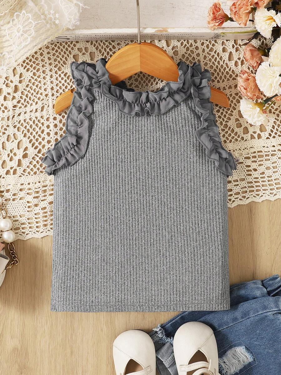 SHEIN Genkimix Kids Girls' Fashionable Ruffle Hem Sleeveless Top, Summer - Light Grey - View 1