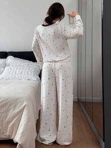 DAZY Star & Moon Ditsy Floral Contrast Trim Women Pajama Set - White - View 2