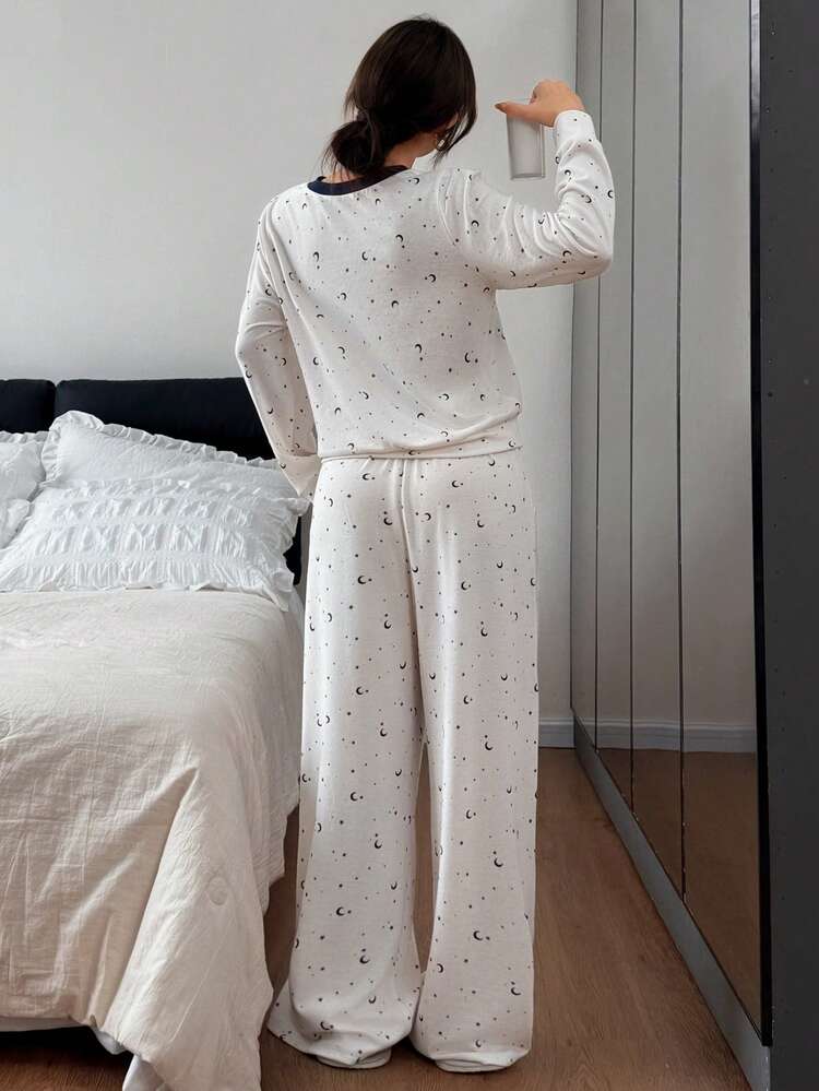 Star & Moon Ditsy Floral Contrast Trim Women Pajama Set