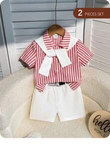 3件套男宝宝学院风可爱百搭条纹短袖衬衫、短裤和披肩绅士套装 - 紅色 - 查看 10