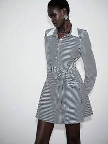 Lumivelle 女士短款条纹双层领时尚优雅休闲通勤连衣裙，春夏款 - 彩色 - 查看 3