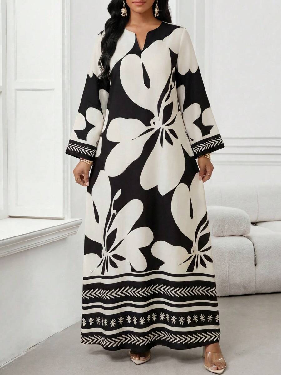 SHEIN Lady Women's Floral Print V-Neck Long Sleeve Loose Dress, Vacation Style - Black and White - View 1