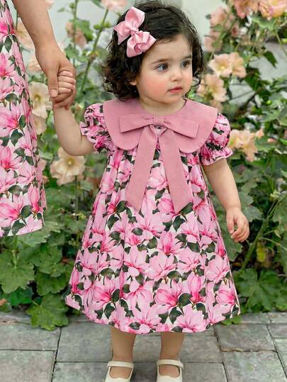 LMoss Kids 女婴撞色拼接彼得潘领花卉花瓣袖休闲连衣裙