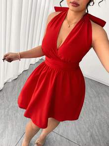 Elenzga Đầm cổ yếm chữ V thanh lịch, lãng mạn kiểu vintage với nơ lớn, thích hợp cho ngày Valentine, giản dị nhưng vẫn thời trang. - Đỏ - Xem 8