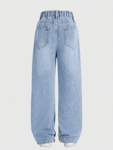 少女休闲百搭直筒牛仔裤，带口袋、纽扣和做旧设计 - 淺色水洗藍 - 查看 3