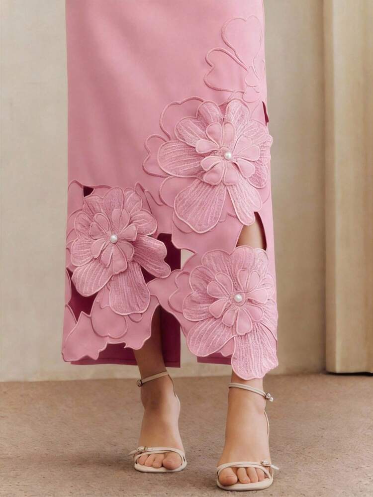 Solid Color Straight Waist-Cinching Short Sleeve Dress With Cutout Embroidered Pearl Design, Long Length For Women