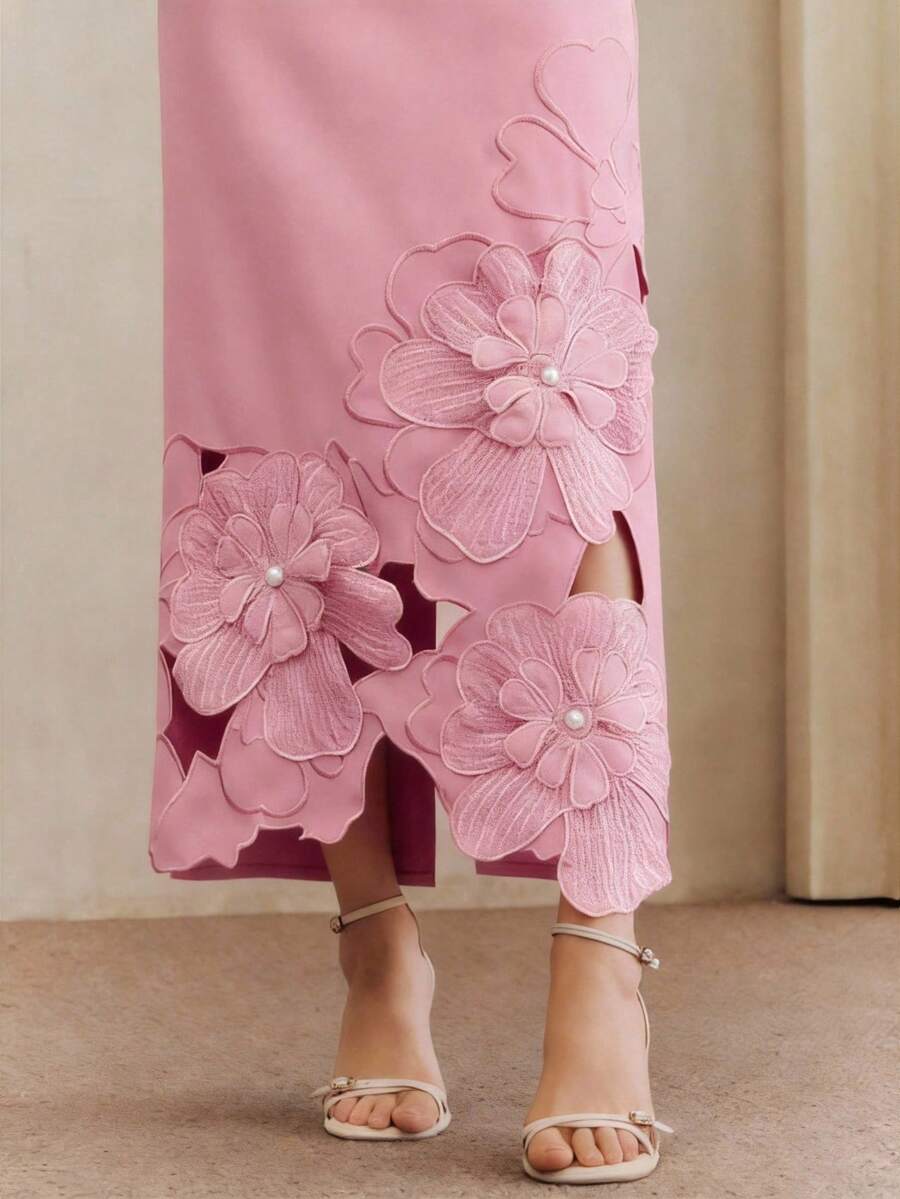 Anewsta Đầm dài tay ngắn màu trơn, dáng suông, thắt eo, có họa tiết thêu đính ngọc trai, dành cho nữ. - Hồng - Xem 1