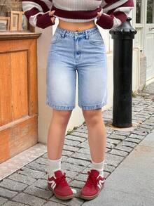 Rivivi 女士休闲百搭百慕大牛仔短裤，带口袋 - 淺色水洗藍 - 查看 4