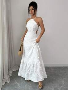 Elenzga Women's Embroidered Floral Halter Neck Backless Tie-Up Waist A-Line Dress, Delicate Design, Vacation Style, Spring/Summer - White - View 7