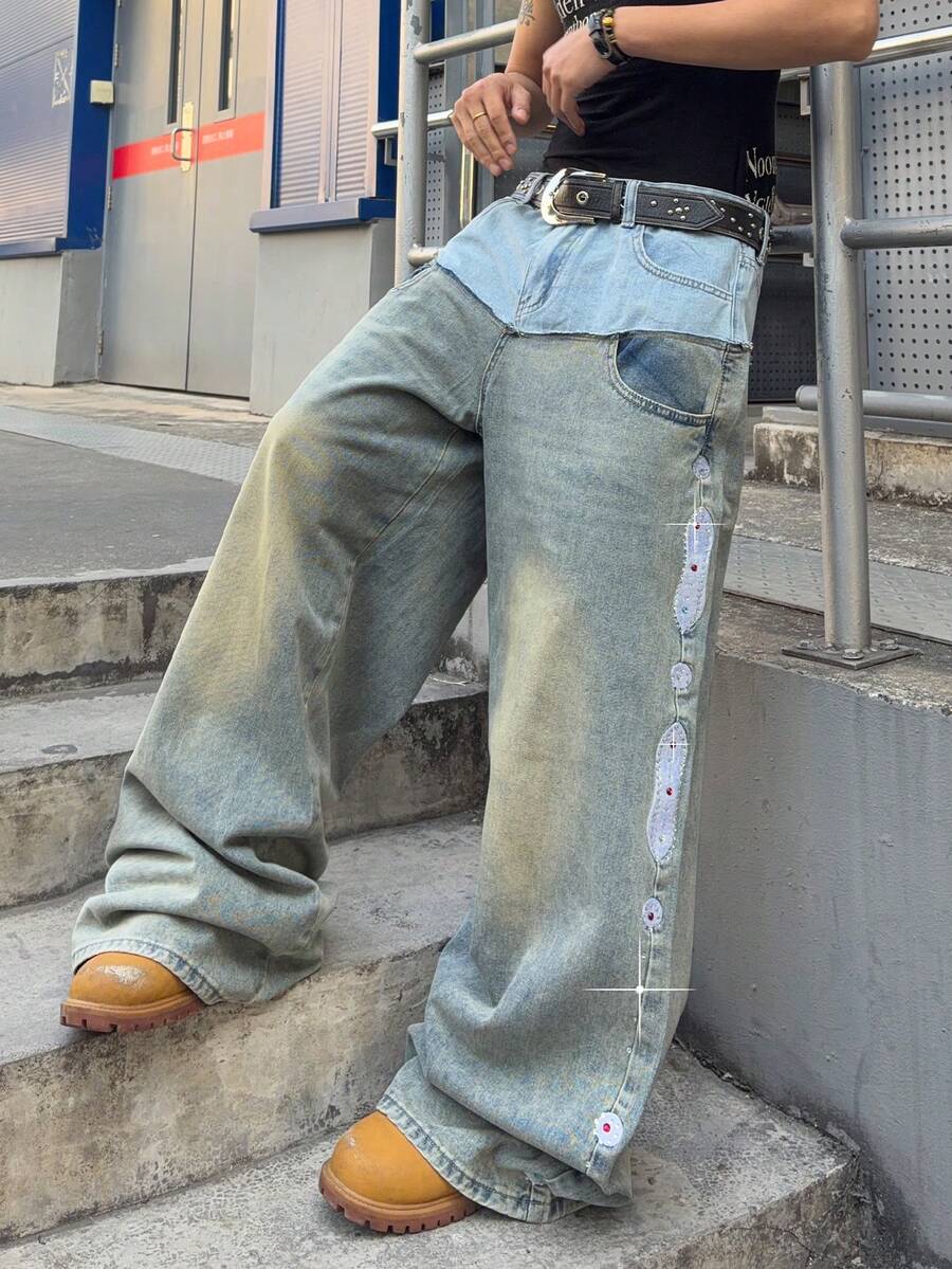 ROMWE MEN Grunge Punk 男士拼接撞色腰带刺绣菱形宽松牛仔裤 - 藍色 - 查看 1