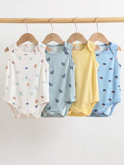 SHEIN 4pcs Newborn Baby Unisex Casual Knitted Cartoon Dinosaur Print Sleeveless Romper Bodysuit Set, Suitable For Summer And Spring New Born Unisex Clothes Baby Summer Sets Baby Boy Tank Set Gender Neutral Baby Clothes Summer