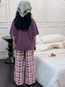 DAZY 2pcs Tween Girl Girls' Casual Printed Short Sleeve T-Shirt And Pants Set, Fall Outfit - Purple - View 3