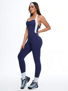 Eassivo Eassivo 女士撞色露背吊带连体瑜伽服 - 藏蓝色 - 查看 4