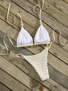 Swim Chiccia Women's Beach Spring/Summer Music Festival Knitted Jacquard Beaded Strap Thong Sexy Vacation Style Bikini Set - Beige - View 2