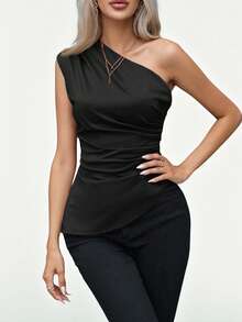 Aveloria Modichic Women's Fashionable Solid Color Asymmetrical Shoulder Top, Suitable For Valentine's Day, Spring & Summer - Black - View 6