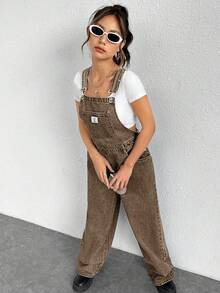 SHEIN EZwear Quần yếm denim nữ kiểu dáng thường ngày, có logo chữ và túi xéo, thích hợp cho mùa hè. - màu nâu - Xem 3