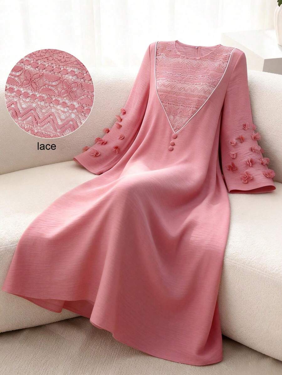 Al Najma Đầm dài tay xòe rộng, thanh lịch, phối ren và họa tiết hoa, màu hồng. - Hồng - Xem 1