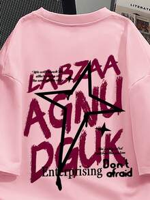 Manfinity Dauomo Men's American Streetwear Retro Graffiti Letter & Star Print T-Shirt, Summer Loose Casual Short Sleeve Top - Pink - View 3