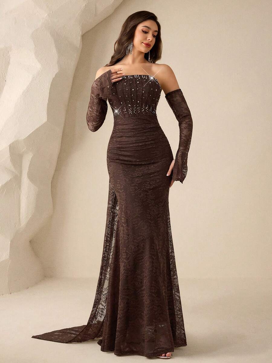 Coutiva Vestido de noche elegante de mujer con hombros descubiertos, detalles de encaje y cuentas, otoño - Café integral - Ver 1