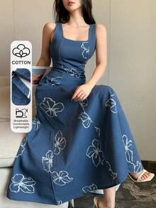 DAZY Women's Elegant Floral Print Sleeveless Square Neck Denim Dress, Summer,Wedding Guest Dress Women - Blue - View 1