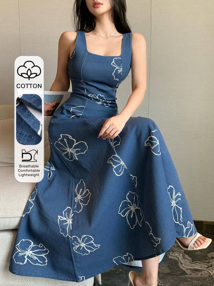 DAZY Women's Elegant Floral Print Sleeveless Square Neck Denim Dress, Summer,Wedding Guest Dress Women - Blue - View 1