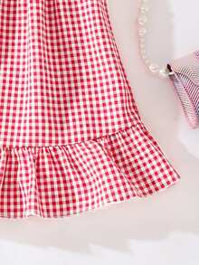 SHEIN Playful Pals Infant/Baby GirlDress, All-Over Red & White Plaid Pattern, Lively And Fresh. Spaghetti Strap Design Suitable For Summer, A Sweet Choice For Girls' Summer Outfits - Red - View 5