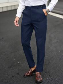 Manfinity Bizformal Men's Solid Color Casual Pants With Belt Loops And Pockets, Minimalist And Versatile, Formal - Navy Blue - View 4