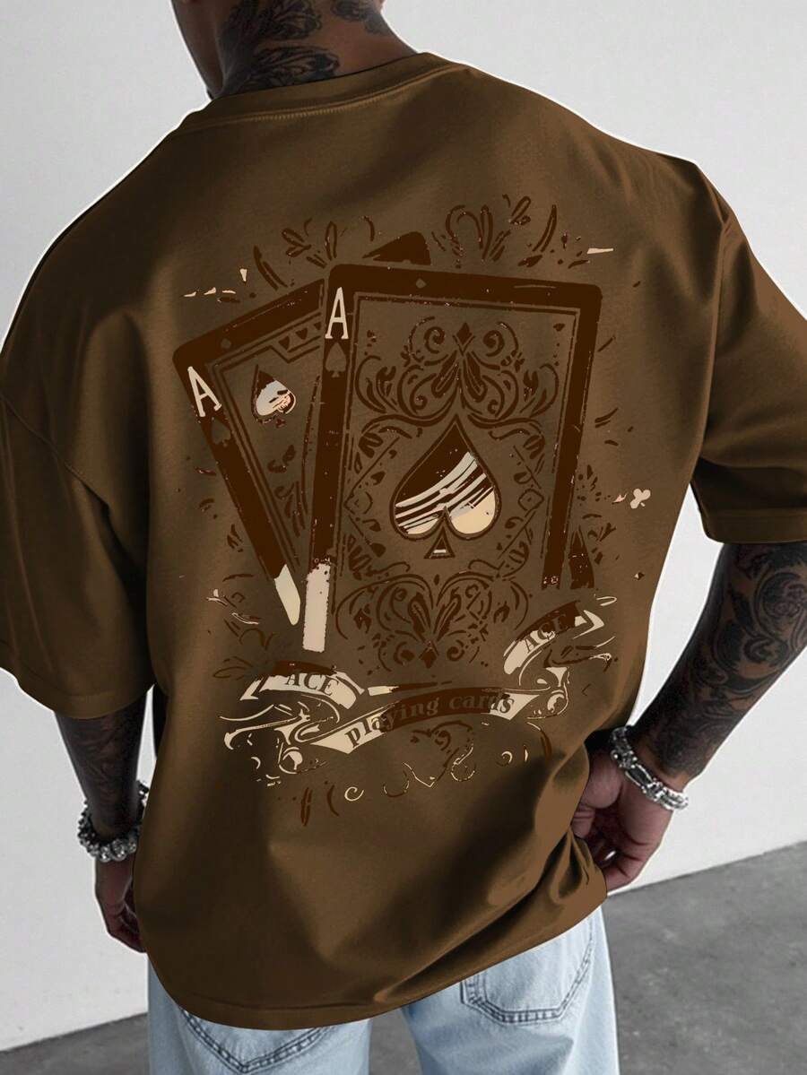 Manfinity LEGND Men's Drop Shoulder Short Sleeve Round Neck Casual Summer Fashion Printed T-Shirt Khaki Graphic Tee Brown Graphic Tee Men Tarot Shirt Ace Of Spades T Shirt Men Card Shirt - Brown - View 1