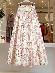 Women's Ditsy Floral Elastic Waist A-Line Skirt, Slimming - Pink - View 2