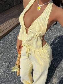 SHEIN Tall Yellow Striped Cotton Fabric Deep V-Neck Halter Backless Crop Top And Low Waist Tie Front Wide Leg Pants With Pockets 2 Piece Set, Tall Women Spring Summer Vacation Beach Commute Minimalist Casual Date Versatile - Yellow - View 6