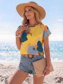 Sylviya Women's Casual Retro Floral Pattern Round Neck Short Sleeve Shirt, Suitable For Summer Suitable For Going Out Chic Blouses For Women - Yellow - View 1