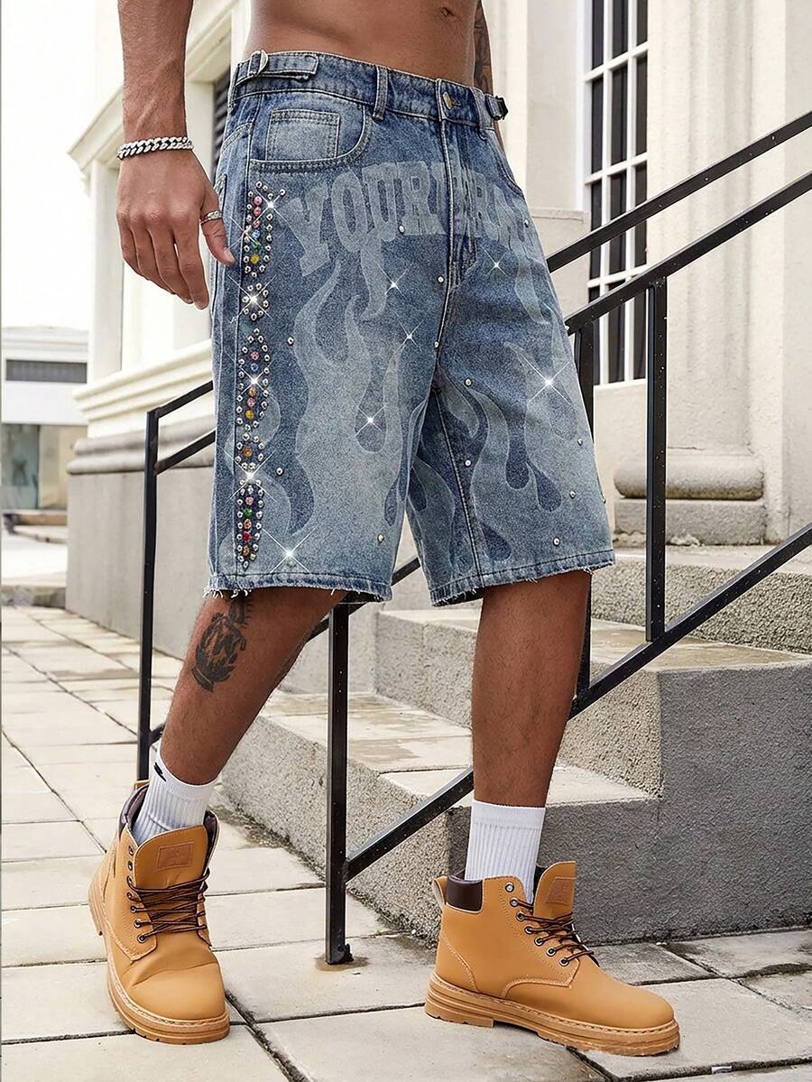 ROMWE MEN Men's Summer Casual Fashion Street Letter & Flame Print Rhinestone Frayed Hem Denim Shorts - Blue - View 1