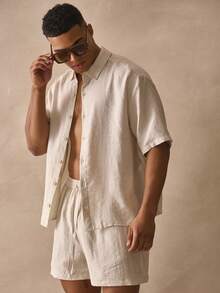 Musero Camisa de lino de manga corta, holgada, con botones, cuello y hombros caídos, esencial para primavera, verano y vacaciones en la playa - Albaricoque - Ver 2