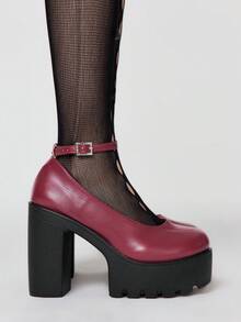 ROMWE Women's Closed Toe Cross-Strap Mary Jane Shoes, Punk Goth Platform Thick Heel Strap Buckle Strap JK Uniform Shoes, Waterproof Work Heels - Burgundy leather - View 4