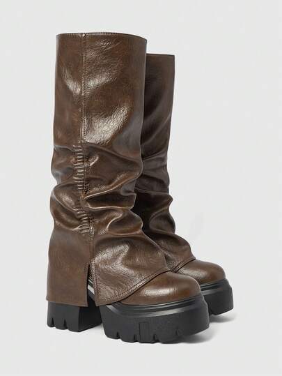 Sugerpunk 女士高跟凉鞋~ 2026 新款时尚秋冬朋克风深色 PU 高跟粗跟卡其色高筒裤靴及膝靴超高跟靴