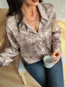 Vivie Lora 女士宽松腰果花长袖优雅衬衫 - 卡其色 - 查看 7