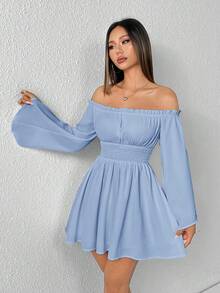 SHEIN PETITE 露肩荷葉邊飾寬袖喇叭袖白色洋裝、長袖藍色度假洋裝、露肩夏季洋裝，適合嬌小女性 - 霧霾藍 - 查看 3