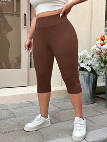 Muchica Plus Size Chocolate Brown Tight 3/4 Length Leggings, Suitable For Spring/Summer Vacation - Chocolate Brown - View 4