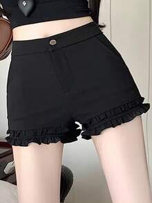 DAZY Women's Solid Color High Waist Ruffle Hem Casual Versatile Shorts - Black - View 5