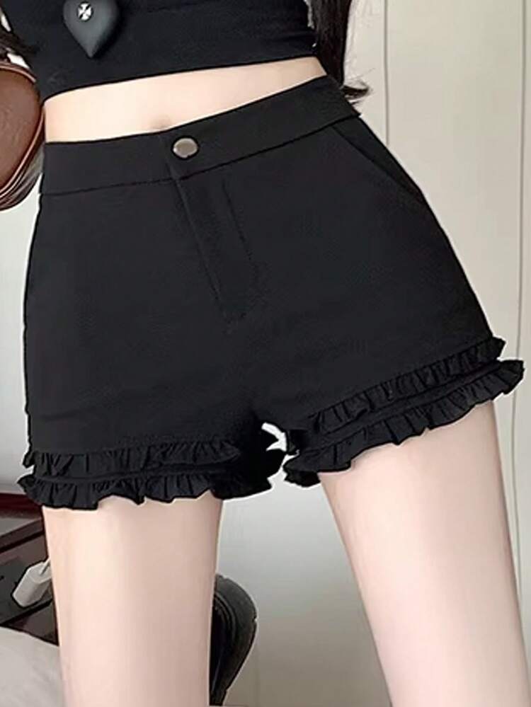 Women's Solid Color High Waist Ruffle Hem Casual Versatile Shorts