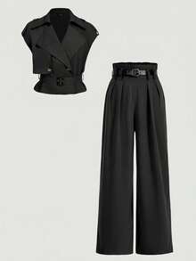 MOD Conjunto de chaleco y pantalones casuales para mujer - Negro - Ver 3