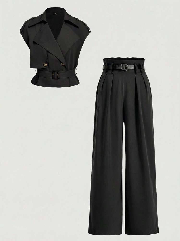 SHEIN MOD Women's Solid Color Lapel Sleeveless Fashion Versatile Suit Set - Black - View 3