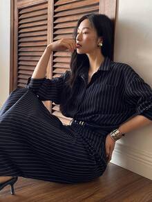 DAZY Women's Striped Long Sleeve Button-Up Shirt And A-Line Skirt Casual 2-Piece Set - Navy Blue - View 5